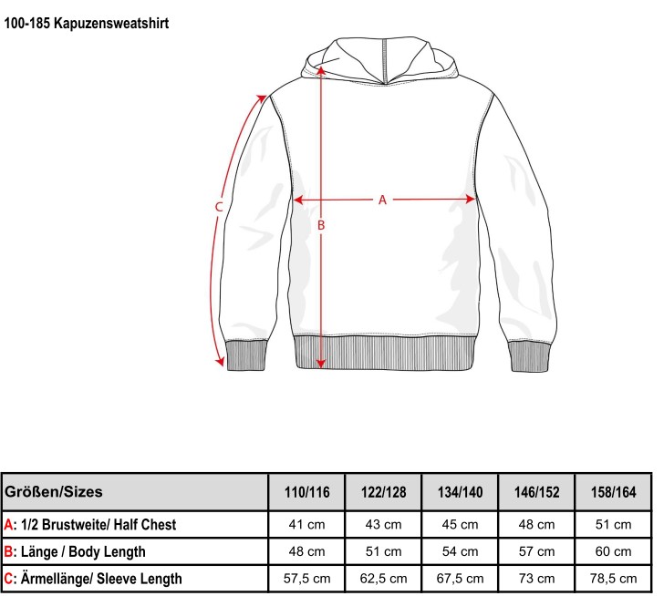 Kapuzensweatshirt, Kindergrößen (Mischgewebe)