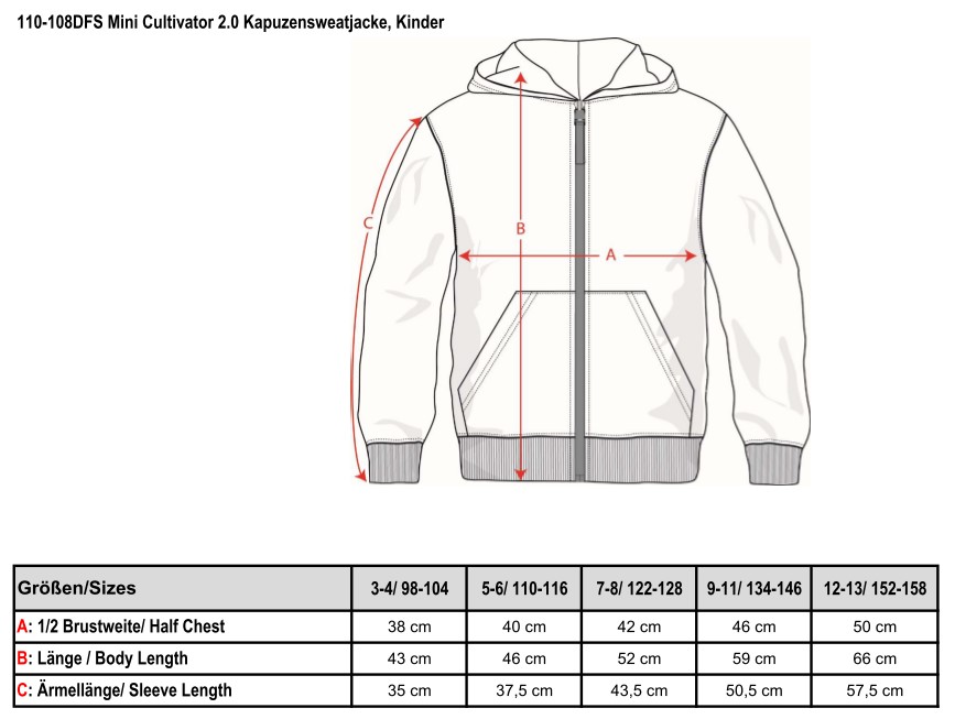 Kapuzensweatjacke 2.0, Kindergrößen