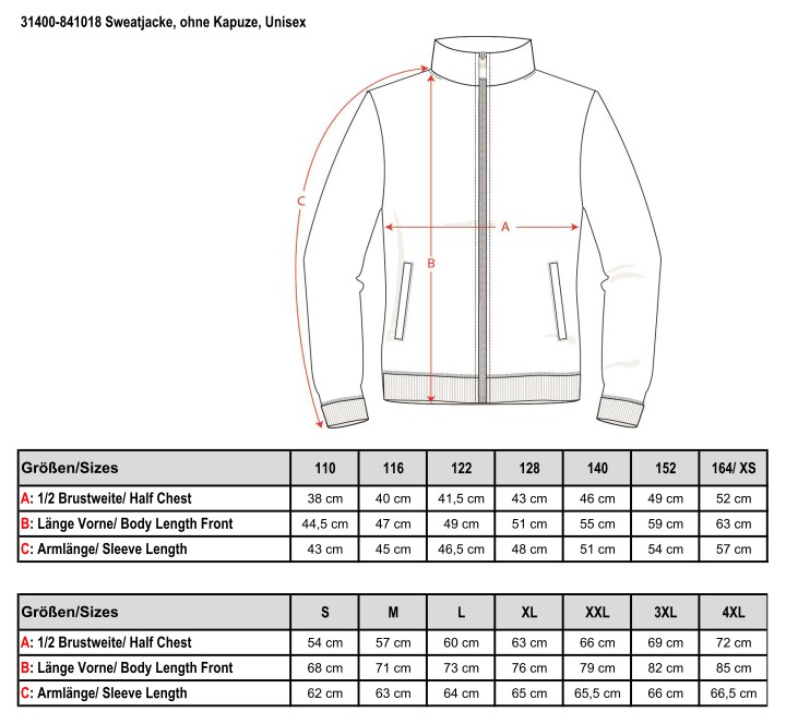 Sweatjacke, ohne Kapuze, Unisex