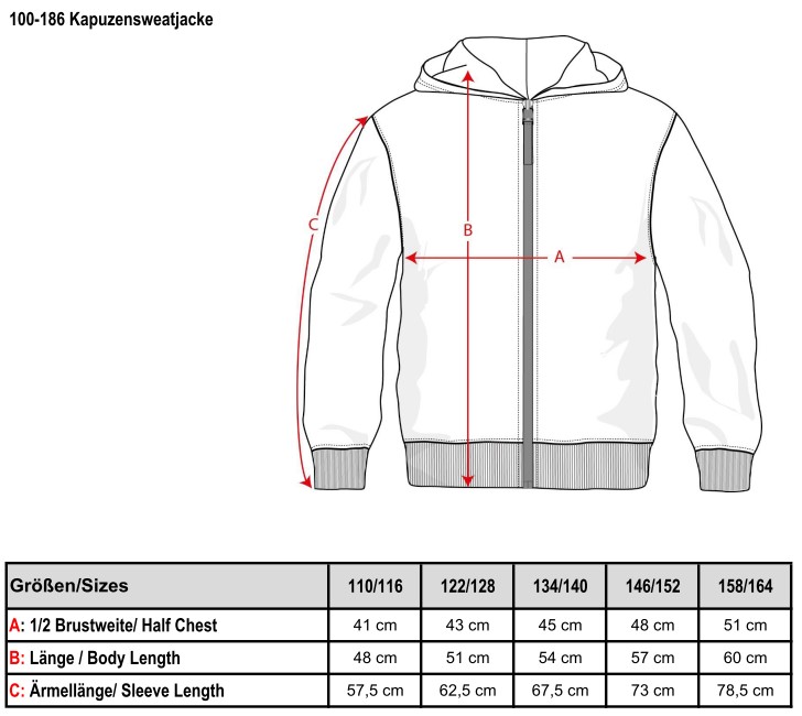 Kapuzensweatjacke, Kindergrößen (Mischgewebe) 
